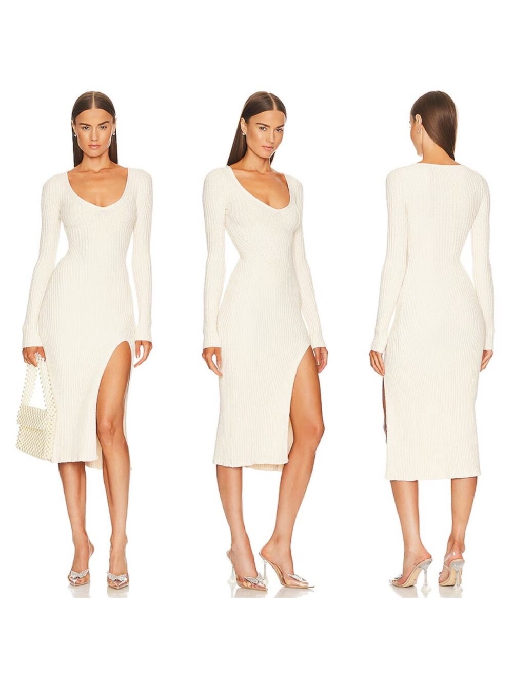 Revolve x Marianna Hewitt Saskia Boucle Midi Dress with Slit in Ivory